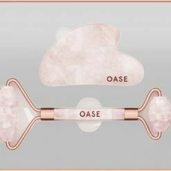 OASE Facial Set (Gua Sha Steen & Rozenkwarts Roller ) + GRATIS Tasje – 100% Natuurlijke Rozenkwarts – 2 Delige Set – Huidverzorging – Gezichtsmassage