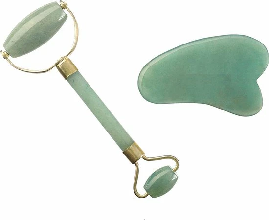 Dermarolling Jade Roller Gezichtsmassage Roller - Met Gua Sha Tool - Groen 1 Dermarolling Jade Roller Gezichtsmassage Roller - Met Gua Sha Tool - Groen