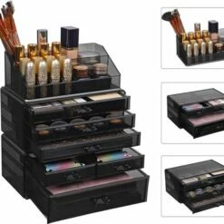 BeautyStorage Luxe Acryl Makeup Cosmetica Organizer - Met 4 Laden - Sieraden Makeup Cosmetica Opbergsysteem Organiser Display Houder - Lippenstift - Nagellak - Lippenstift - Brushes Visagie - Make-up Kastje - Transparant Zwart