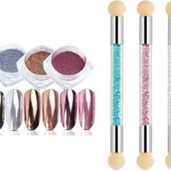 GUAP?? GUAP - Nail Art Penselen Spons Set Met Holografische Glitter Poeder Set Voor Het Maken Van Prachtige Nail Art Effecten Op Je Nagels - 6 Delige Nail Art Set