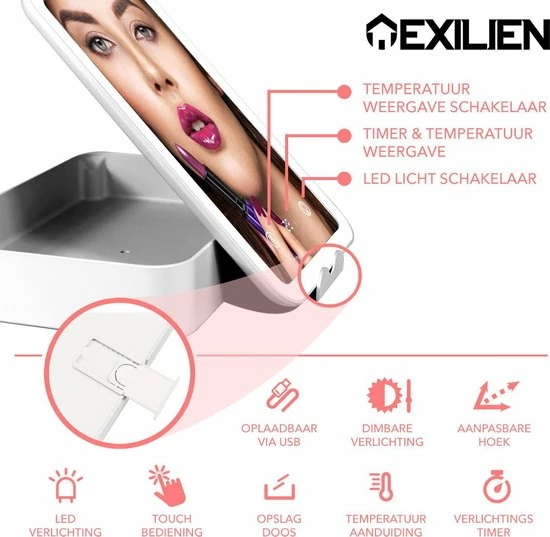 Exilien Rechthoekige Make Up Spiegel Met Led Verlichting/ Opmaak/Reis/Tas/ Cosmetica Spiegel Op Standaard/ 1200MaH Oplaadbare Batterij/Wit 2 Exilien Rechthoekige Make Up Spiegel Met Led Verlichting/ Opmaak/Reis/Tas/ Cosmetica Spiegel Op Standaard/ 1200MaH Oplaadbare Batterij/Wit - Afbeelding 2