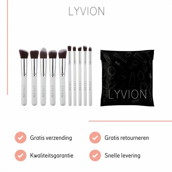 LYVION Make-up Kwasten Geschenkset 10-delig Synthetisch Haar - Wit En Zilver 3 LYVION Make-up Kwasten Geschenkset 10-delig Synthetisch Haar - Wit En Zilver - Afbeelding 3