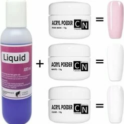 Coconails Acryl Vloeistof/100ml/ 4-Delige Acryl Poeder Set /Acrylpoeder Nagels/Acrylpoeder/ Wit, Roze En Transparant