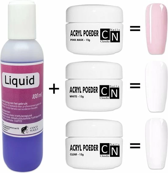 Coconails Acryl Vloeistof/100ml/ 4-Delige Acryl Poeder Set /Acrylpoeder Nagels/Acrylpoeder/ Wit, Roze En Transparant 1 Coconails Acryl Vloeistof/100ml/ 4-Delige Acryl Poeder Set /Acrylpoeder Nagels/Acrylpoeder/ Wit, Roze En Transparant