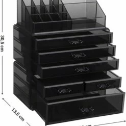 BeautyStorage Luxe Acryl Makeup Cosmetica Organizer - Met 4 Laden - Sieraden Makeup Cosmetica Opbergsysteem Organiser Display Houder - Lippenstift - Nagellak - Lippenstift - Brushes Visagie - Make-up Kastje - Transparant Zwart -Essie winkel 550x617 2
